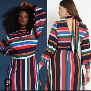 Eloquii Multicolor Striped A-Lined Dress w/ Puff Sleeves Maxi Dress Size 16